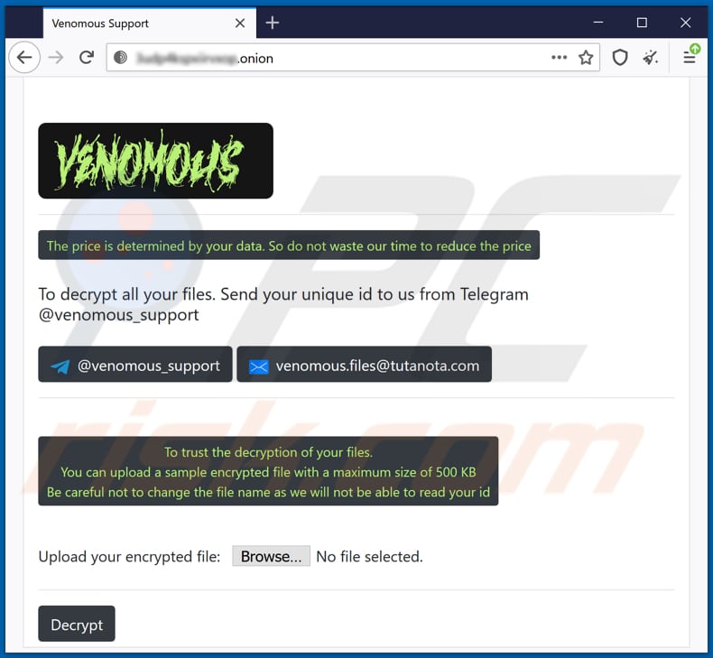 venomous ransomware tor website