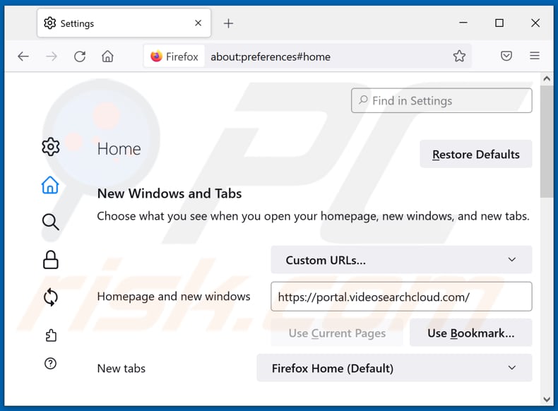 Removing videosearchcloud.com from Mozilla Firefox homepage