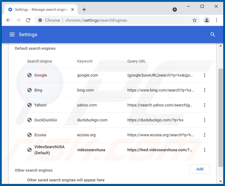 Removing videosearchusa.com from Google Chrome default search engine