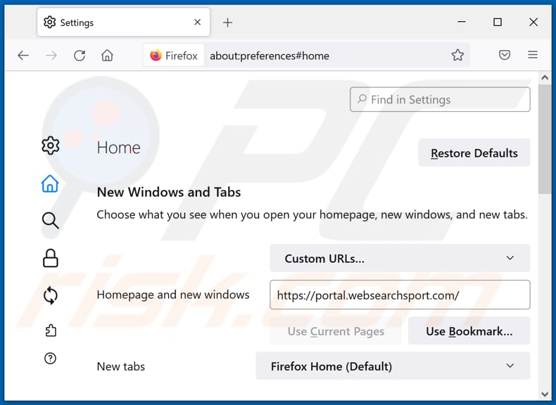 Removing websearchsport.com from Mozilla Firefox homepage