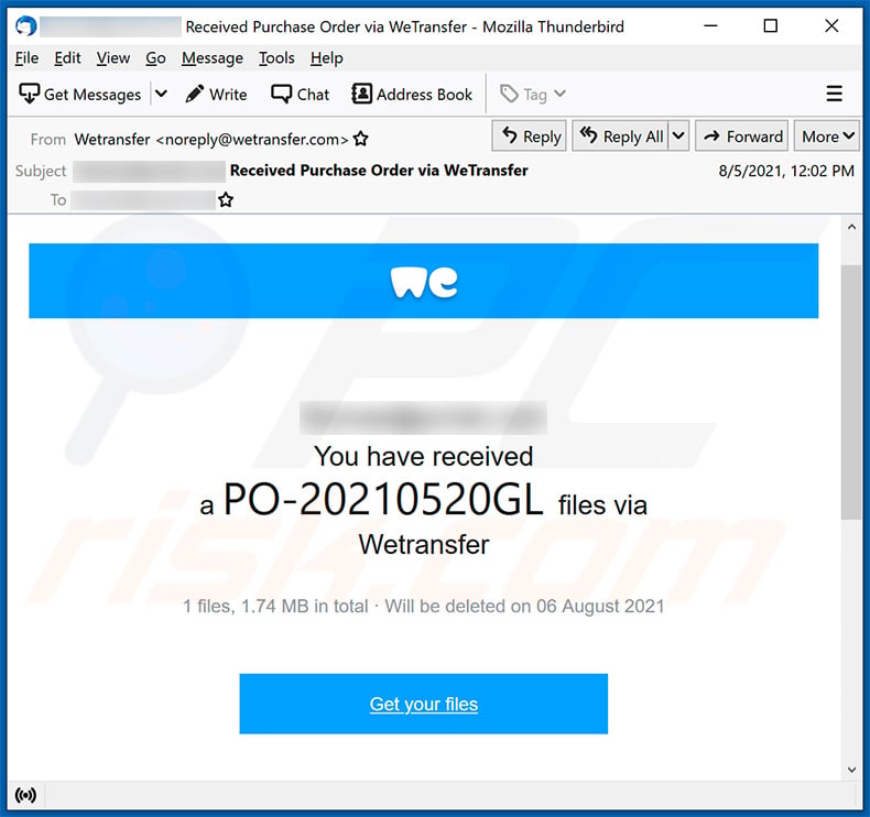 WeTransfer-themed spam email promoting a phishing site (2021-08-09)