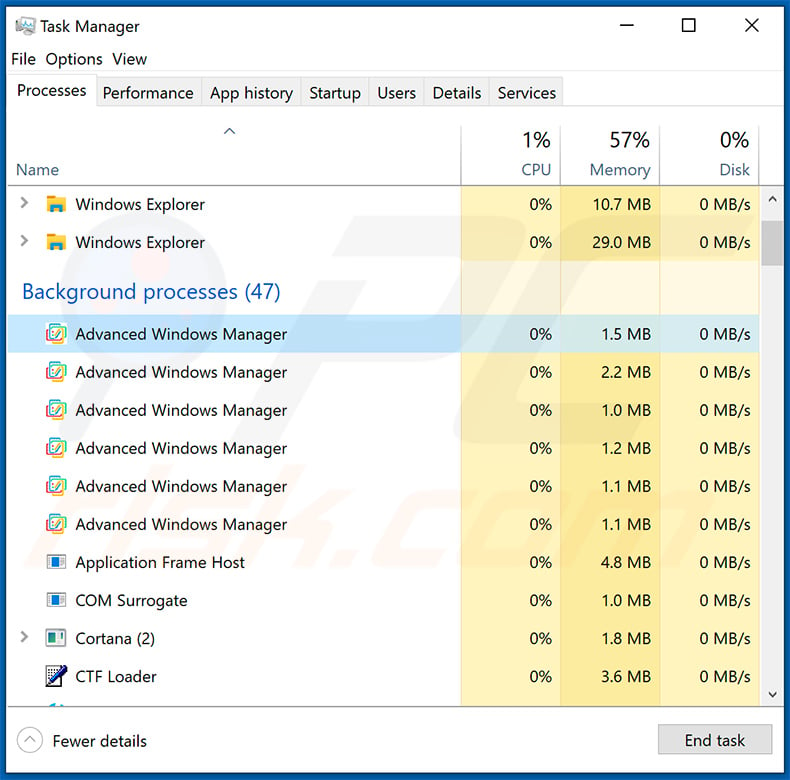 Windows Manager adware processes in the Task Manager