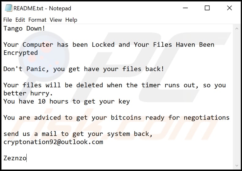 Zeznzo ransomware text file (README.txt)