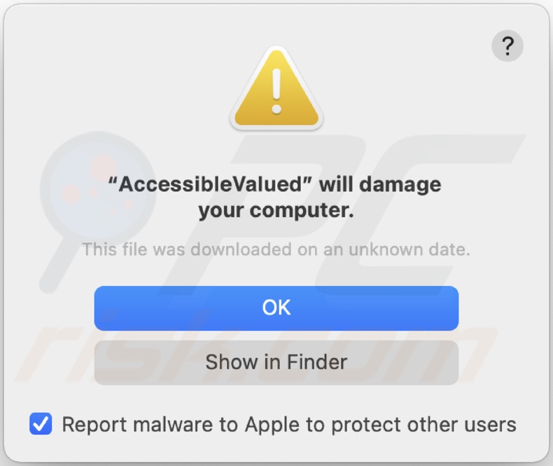 Pop-up displayed when AccessibleValue adware is detected on the system