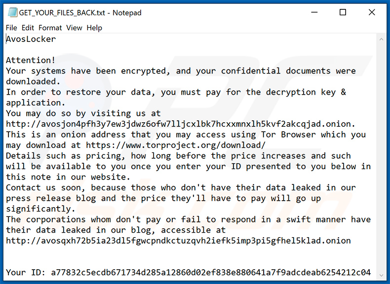 Updated AvosLocker ransom note