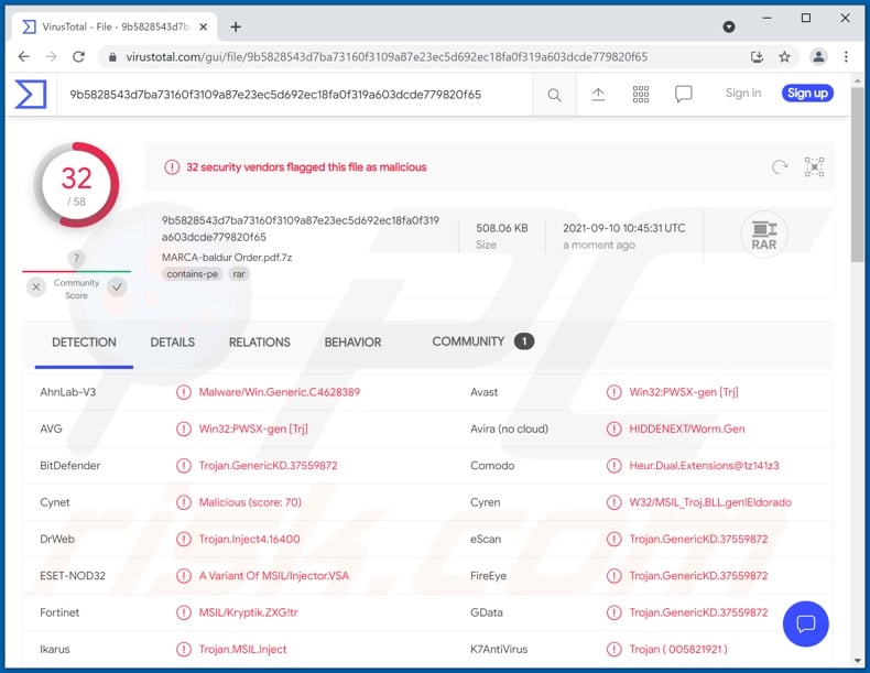 Baldur email virus-attachment detections (MARCA-baldur Order.pdf.7z)