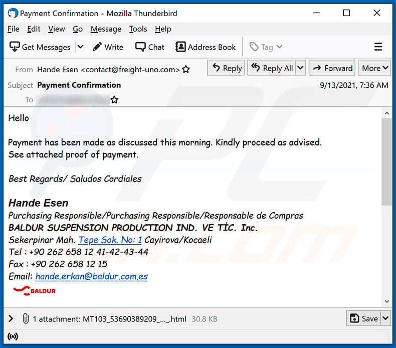 Baldur-themed spam email distributing a malicious HTML file