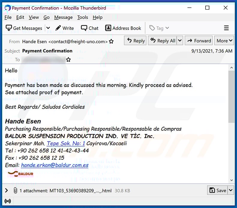 Baldur-themed spam email distributing a malicious HTML file