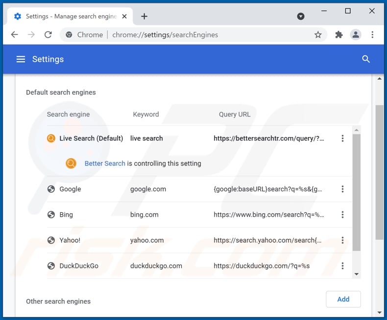 Removing bettersearchtr.com from Google Chrome default search engine