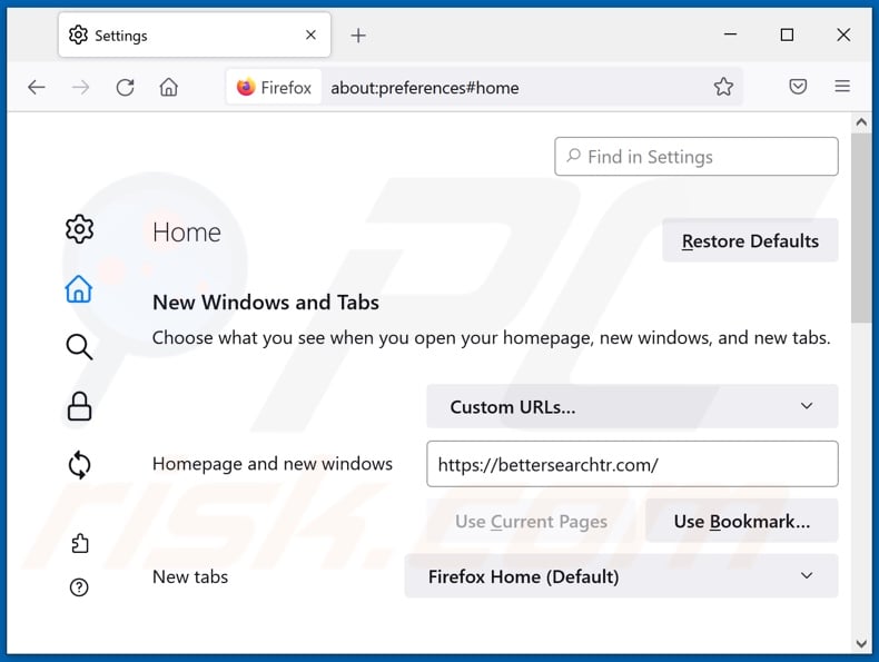 Removing bettersearchtr.com from Mozilla Firefox homepage