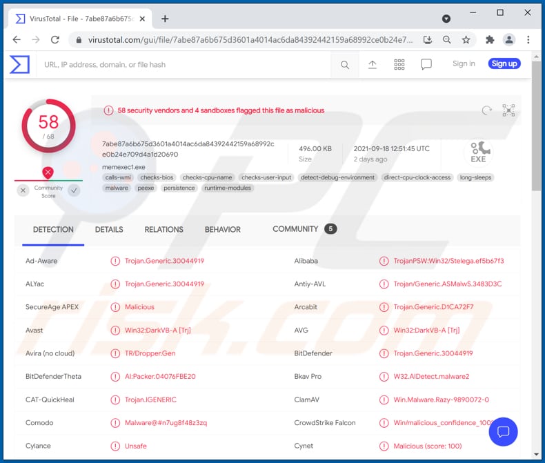 BluStealer malware detected as a threat in Virustotal