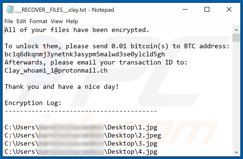 Clay (Gray Hat) ransomware text file (___RECOVER__FILES__.clay.txt)