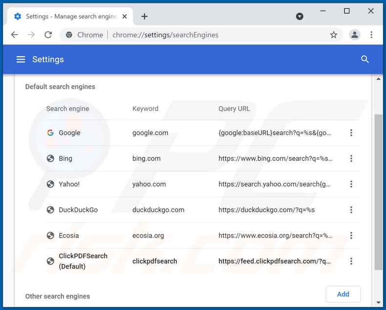 Removing clickpdfsearch.com from Google Chrome default search engine