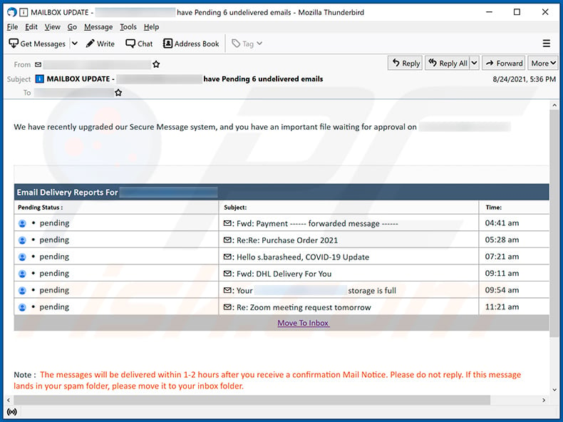 Clustered e-mails pending-themed spam (2021-09-02)