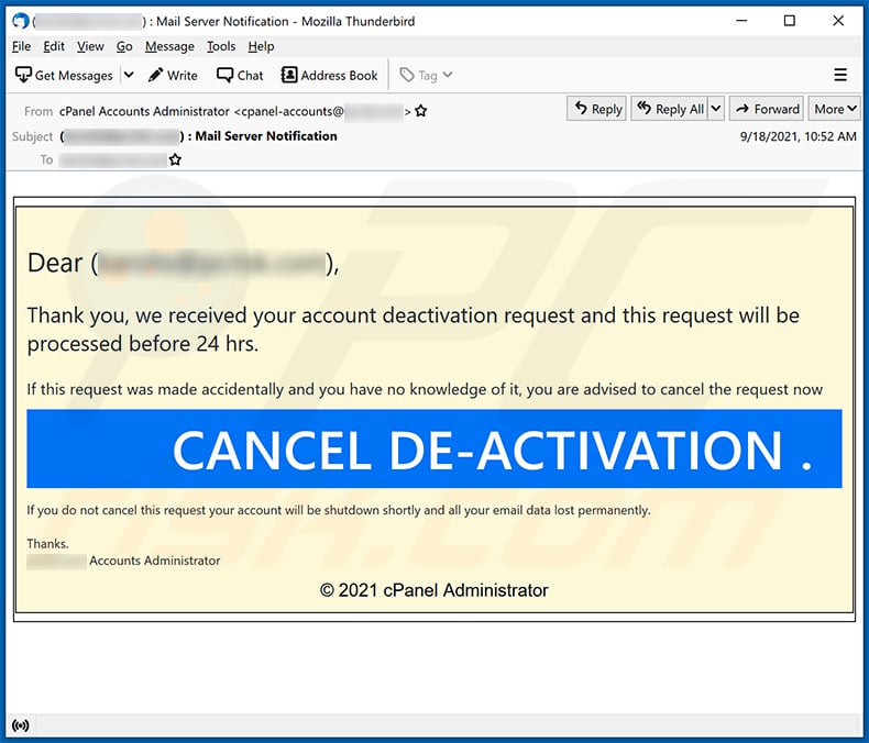 Email deactivation-themed spam email promoting a phishing site (2021-09-20)