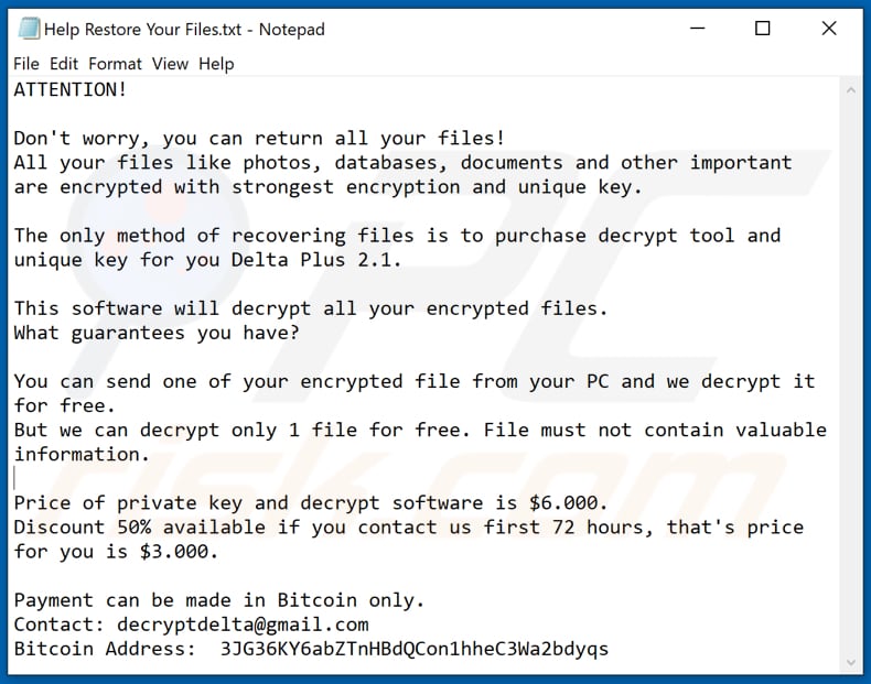 Delta Plus decrypt instructions (Help Restore Your Files.txt)