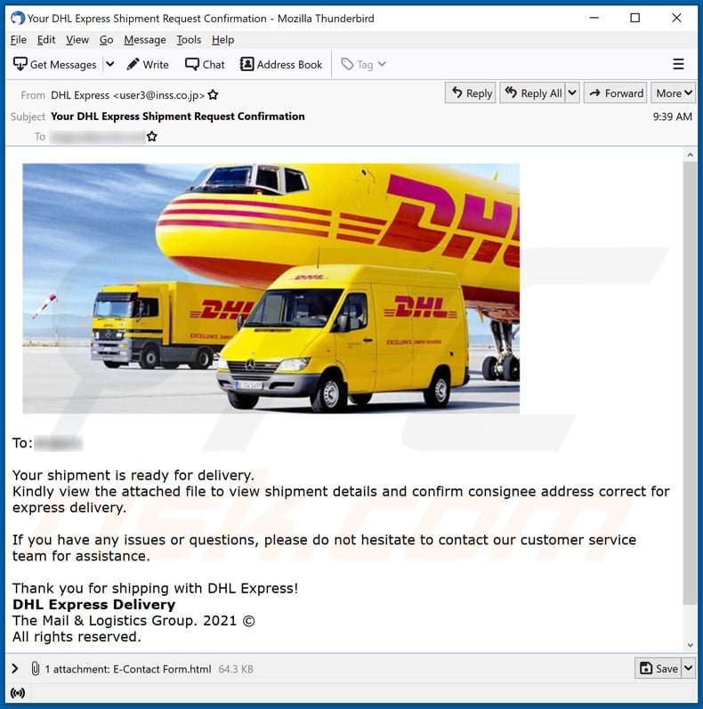 DHL Express Shipment Confirmation email spam campaign