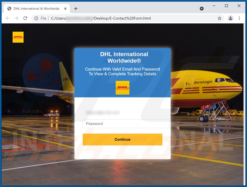 DHL Express Shipment Confirmation email phishing attachment (E-Contact Form.html)
