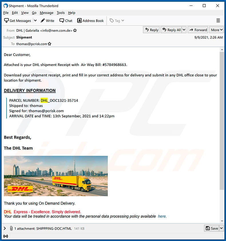 DHL Express Shipment Confirmation email spam (2021-09-10)