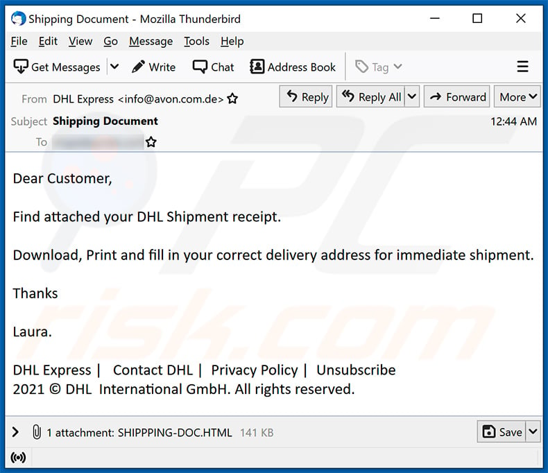 DHL Express-themed spam email promoting a phishing html document (2021-09-07)