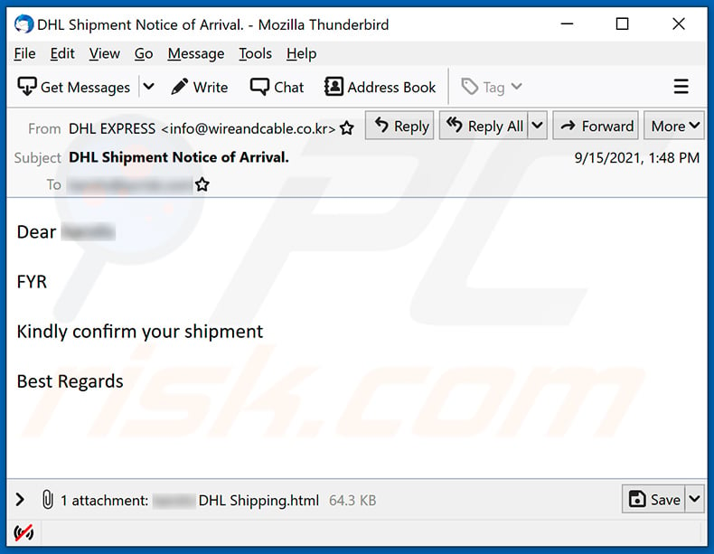 DHL shipment confirmation-themed spam email (2021-09-17)