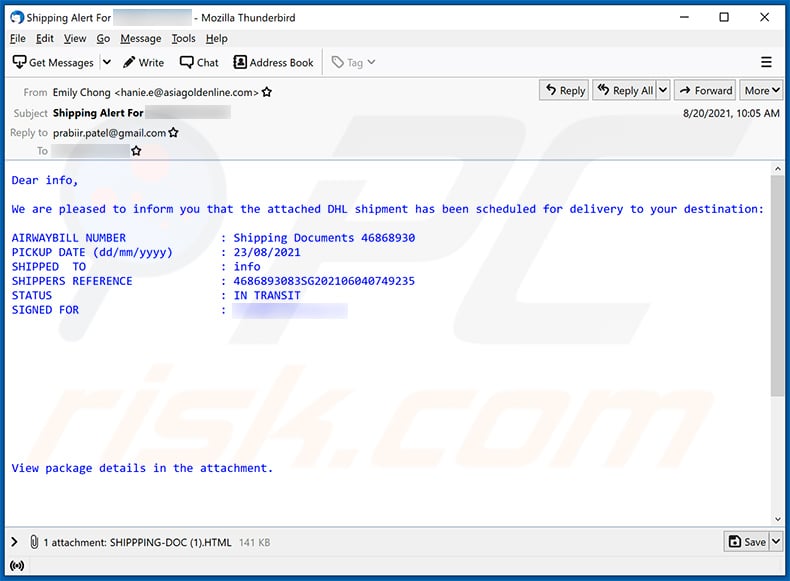 DHL Shipment-themed spam email (2021-09-20)