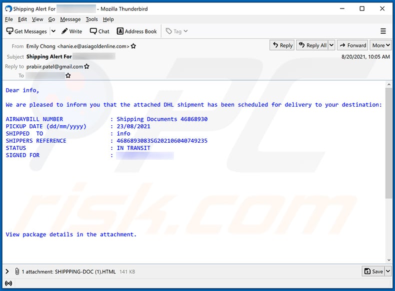 DHL Shipment-themed spam email (2021-09-20)