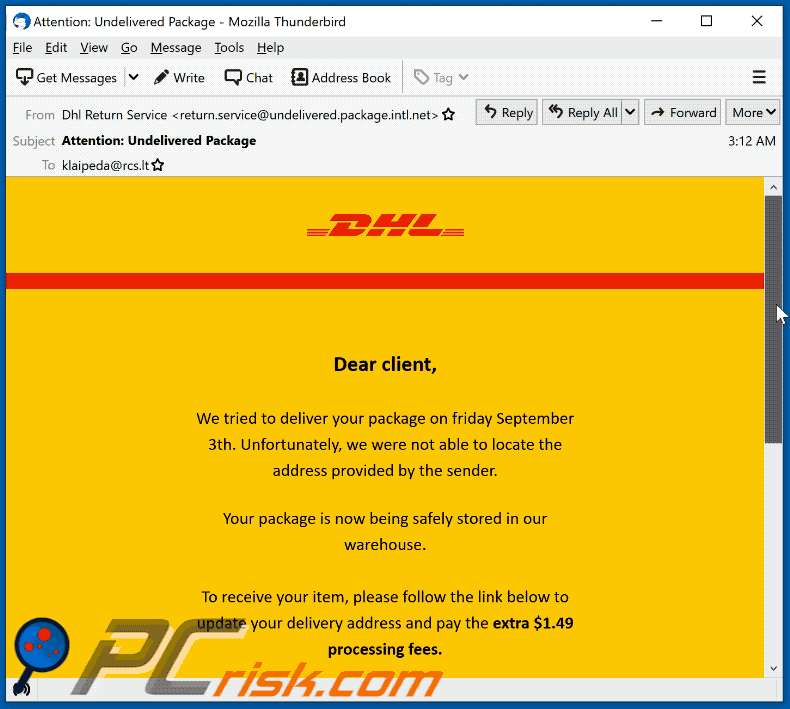 DHL Undelivered Package scam email appearance (GIF)