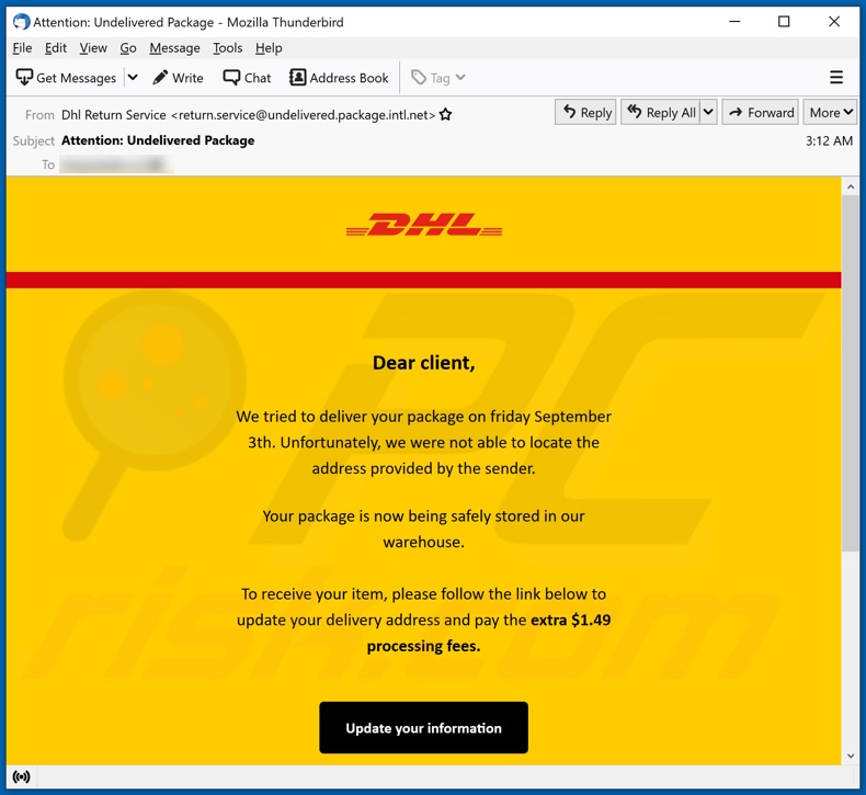 DHL Undelivered Package email spam campaign