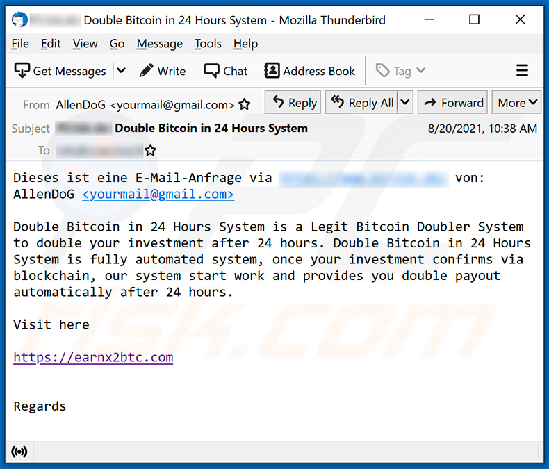 Double your Bitcoins email scam (2021-09-20)