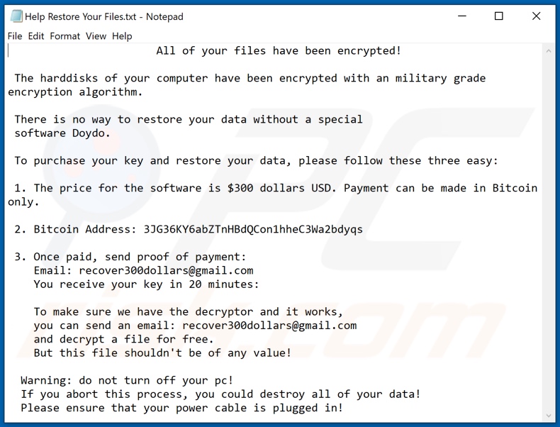 Doydo decrypt instructions (Help Restore Your Files.txt)