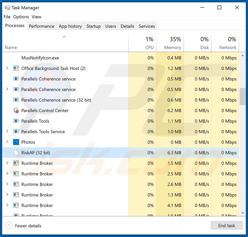 erweka email virus formbook running in task manager as riskap