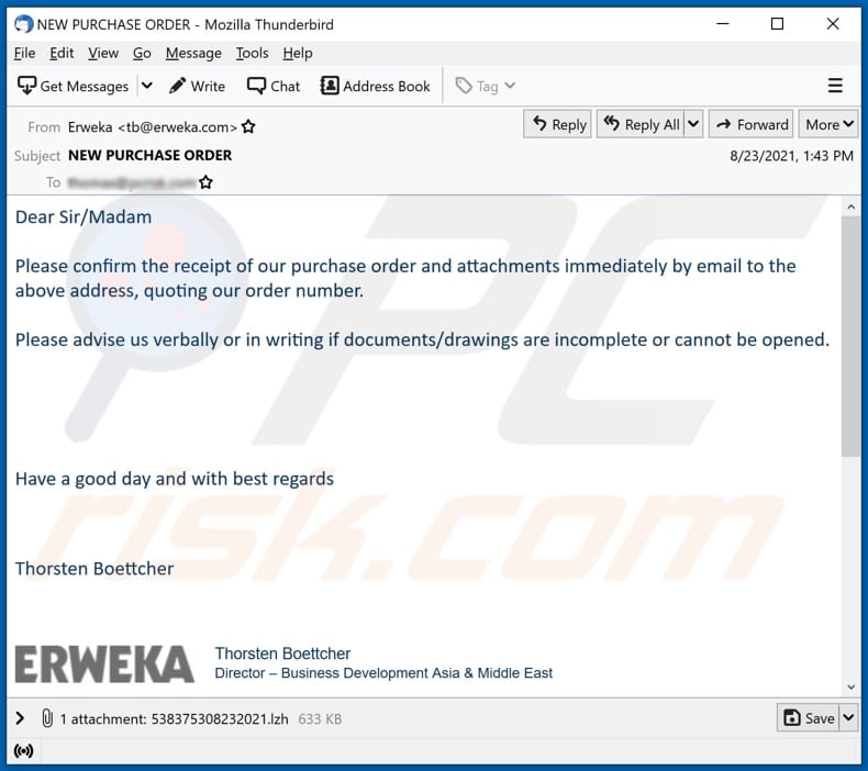 Erweka email virus malware-spreading email spam campaign