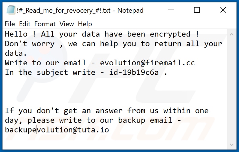 Evolution decrypt instructions (!#_Read_me_for_revocery_#!.txt)