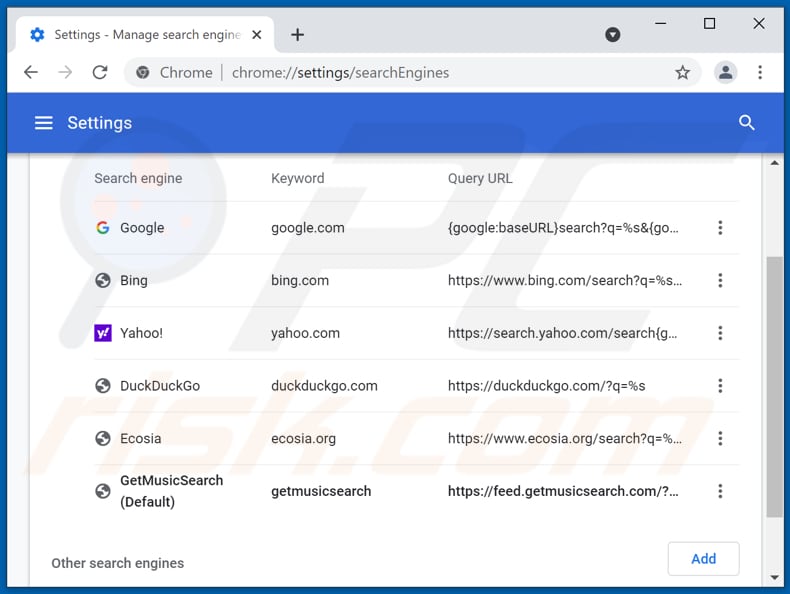 Removing getmusicsearch.com from Google Chrome default search engine