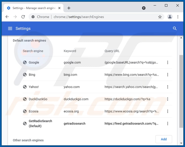 Removing getradiosearch.com from Google Chrome default search engine