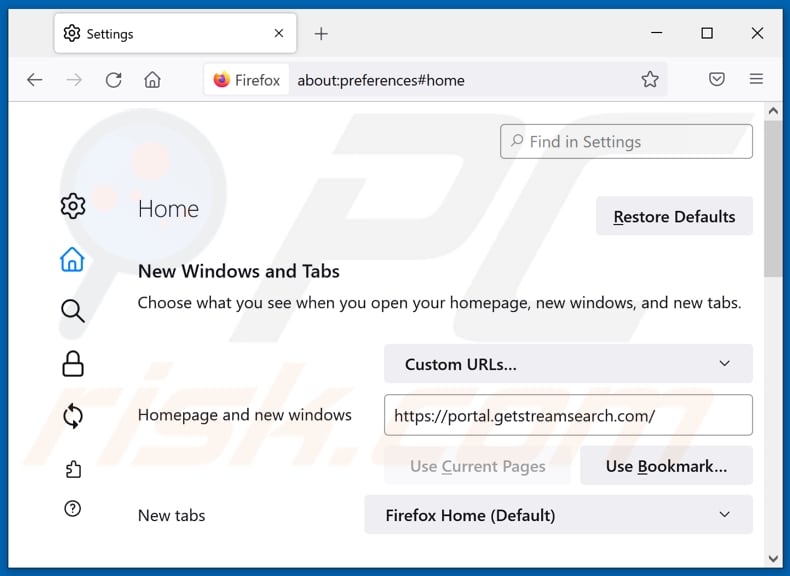 Removing getstreamsearch.com from Mozilla Firefox homepage