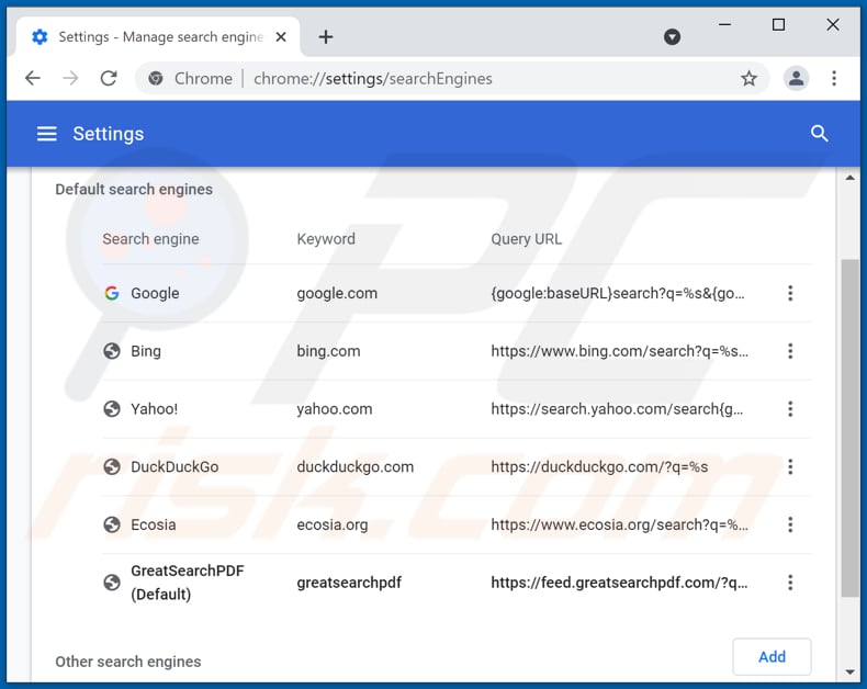 Removing greatsearchpdf.com from Google Chrome default search engine