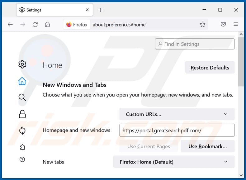 Removing greatsearchpdf.com from Mozilla Firefox homepage