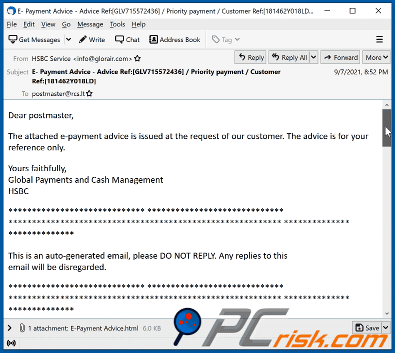 hsbc e-payment advice email scam appearance in gif