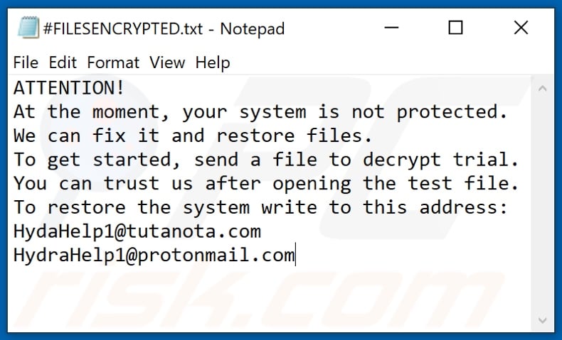 HYDRA (HydaHelp1@tutanota.com) ransomware decrypt instructions (#FILESENCRYPTED.txt)