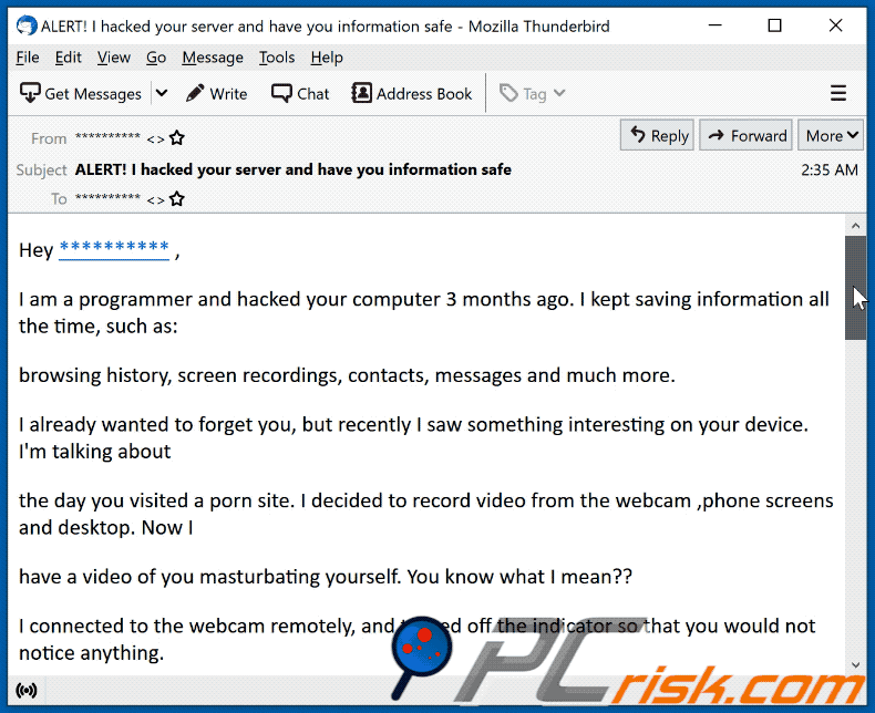 I am a programmer and hacked your computer 3 months ago scam email appearance (GIF)