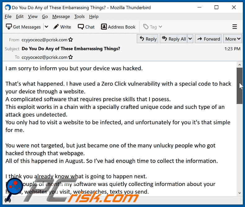I am sorry to inform you but your device was hacked scam email appearance (GIF)