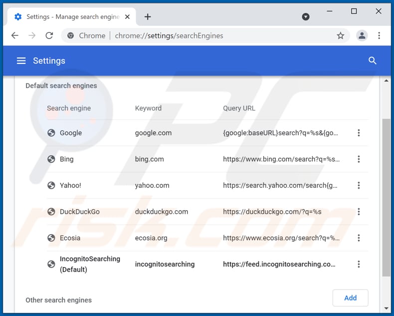 Removing incognitosearching.com from Google Chrome default search engine