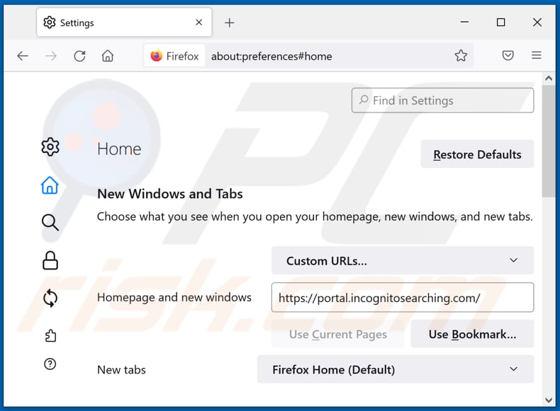 Removing incognitosearching.com from Mozilla Firefox homepage