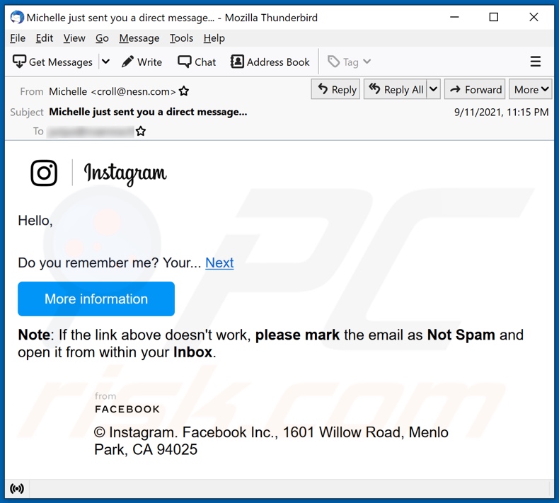 Instagram scam email alternative variant