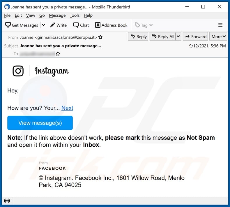 Instagram email spam campaign