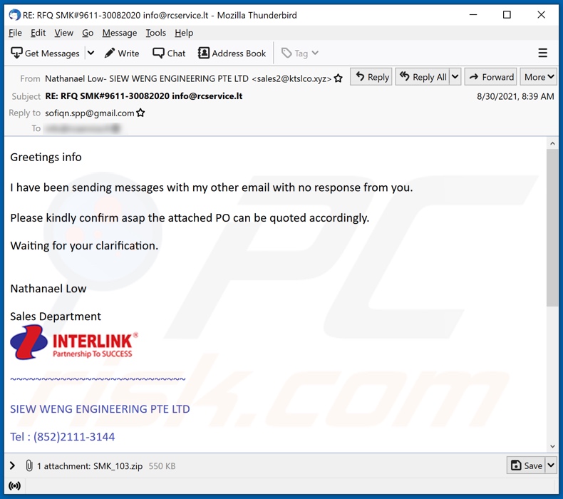 INTERLINK malware-spreading email spam campaign
