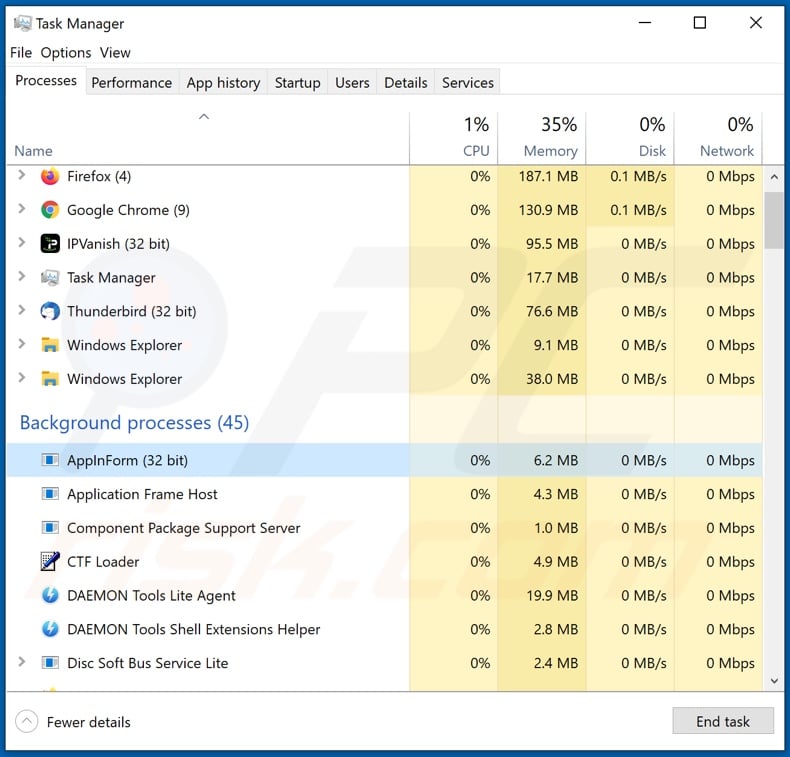 INTERLINK email virus process on Task Manager (AppInForm - process name)