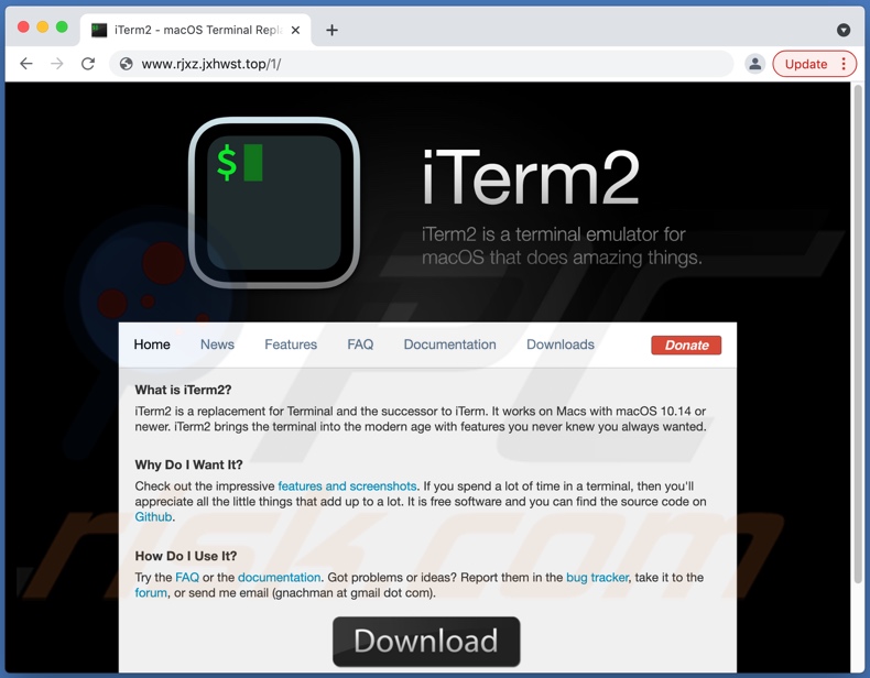 Fraudulent website used to promote iTerm2 malware